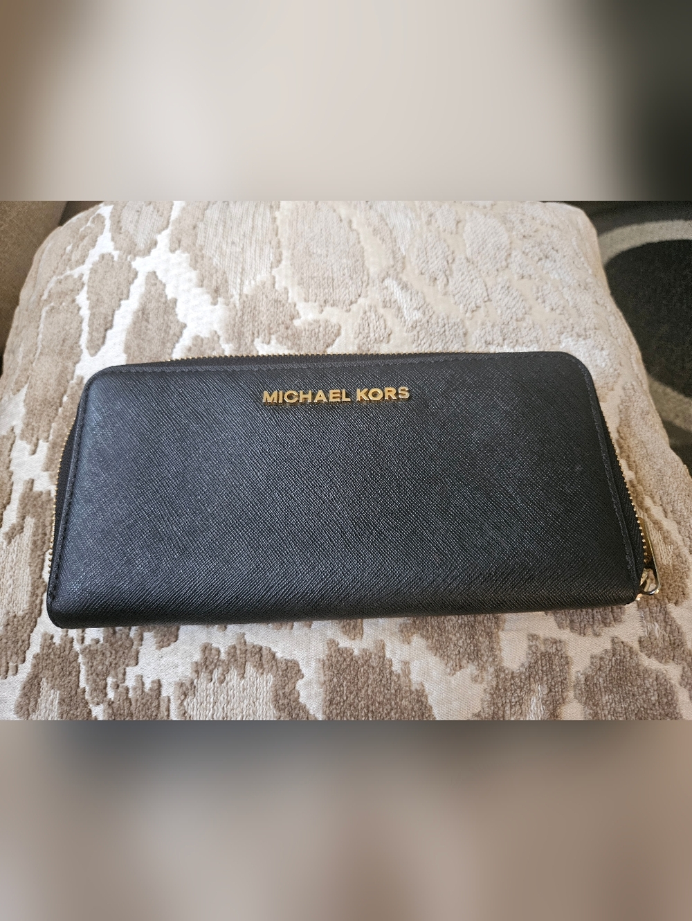 Michael Kors Black Leather Zip Around Wallet with Gold Logo